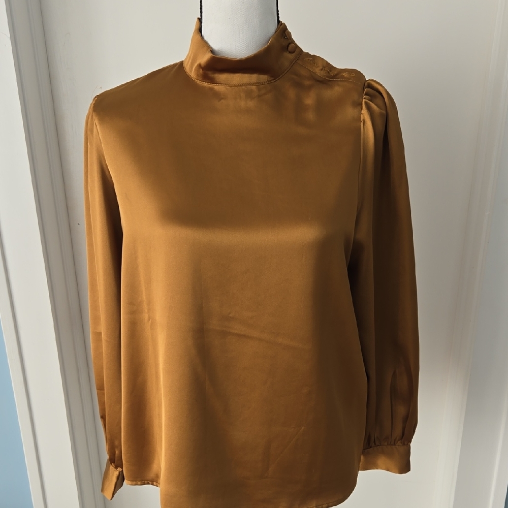 Rachel Zoe Satin Mustard Gold Long Sleeve High Neck Side Buttons Blouse Size M